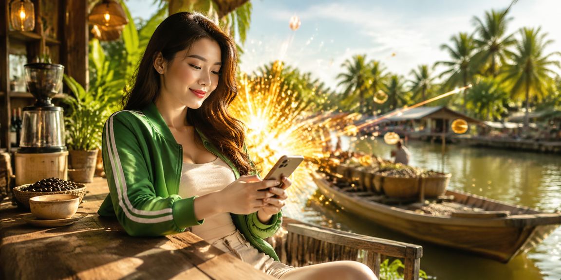 Người dùng Mekong kiểm tra khuyến mãi casino trên điện thoại bên ly cà phê